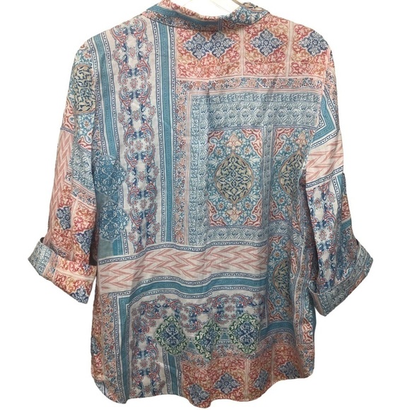 Chico’s Linen Coastal Tile Pastel Paisley Long Sleeve Blouse Chico 2 Women’s 12 - Picture 5 of 15